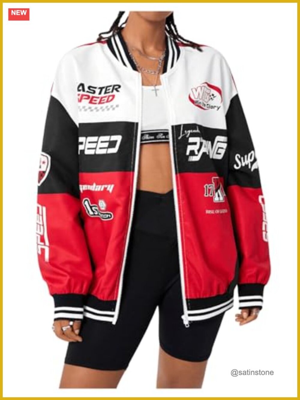 Women's Y2K Varsity Jacket Racing Bomber Letterman Oversized Zip Up Letter